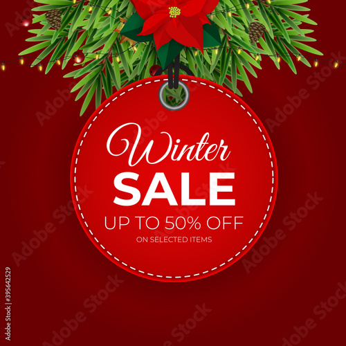 Winter sale Red tag vector banner for seasonal retail promotion. Vector illustration