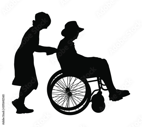 Mature woman pushing strolling with disabled man patient in wheelchair vector silhouette. Patient in wheelchair isolated on white. Nurse support injured man. Hospital paramedic Social worker activity.