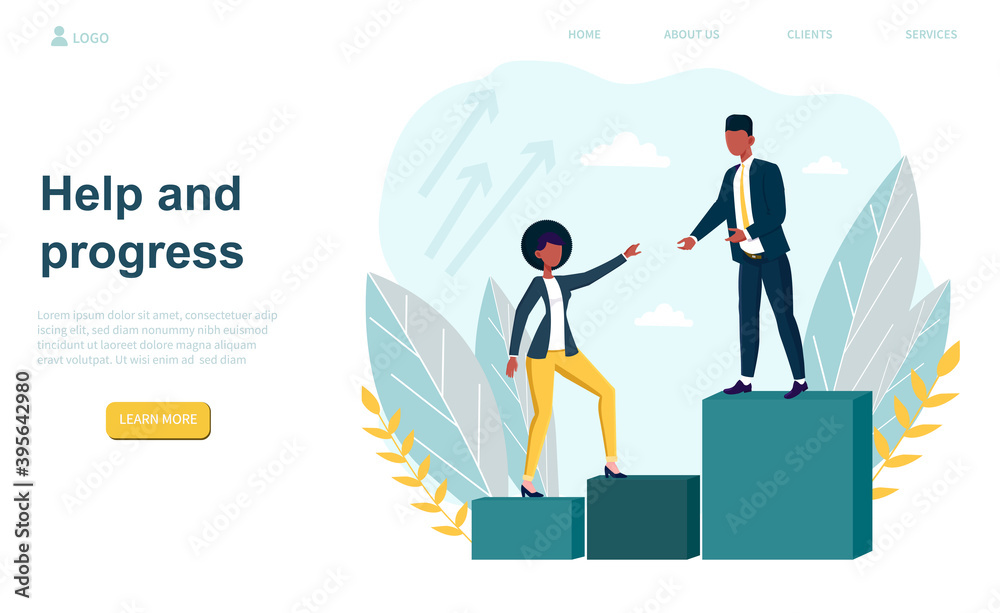 Man helping woman to grow and progress. Concept of businessman and businesswoman relationship, extending a helping hand to colleague. Web page, website, landing page template. Vector illustration