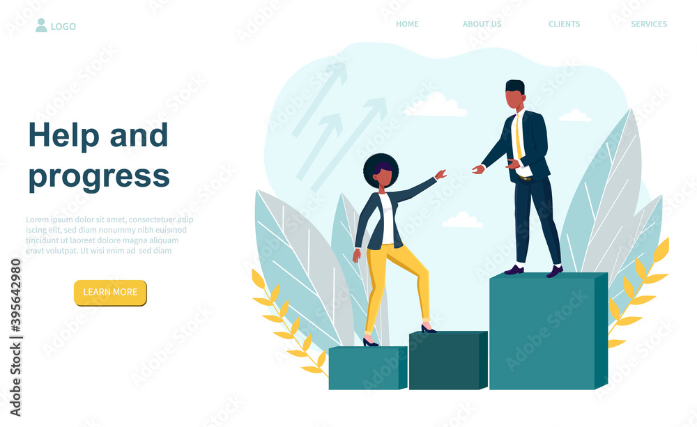 Man helping woman to grow and progress. Concept of businessman and businesswoman relationship, extending a helping hand to colleague. Web page, website, landing page template. Vector illustration Man helping woman to grow and progress. Concept of businessman and businesswoman relationship, extending a helping hand to colleague. Web page, website, landing page template. Vector illustration