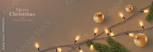 Christmas postcard or banner template. Background Xmas design of realistic christmas balls, fir tree and party light garland. Horizontal christmas poster, greeting card, ads backdrop for web