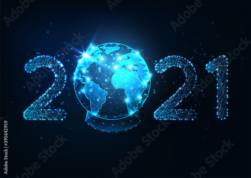 Futuristic New Year digital web banner with glowing low polygonal 2021 number and planet earth globe