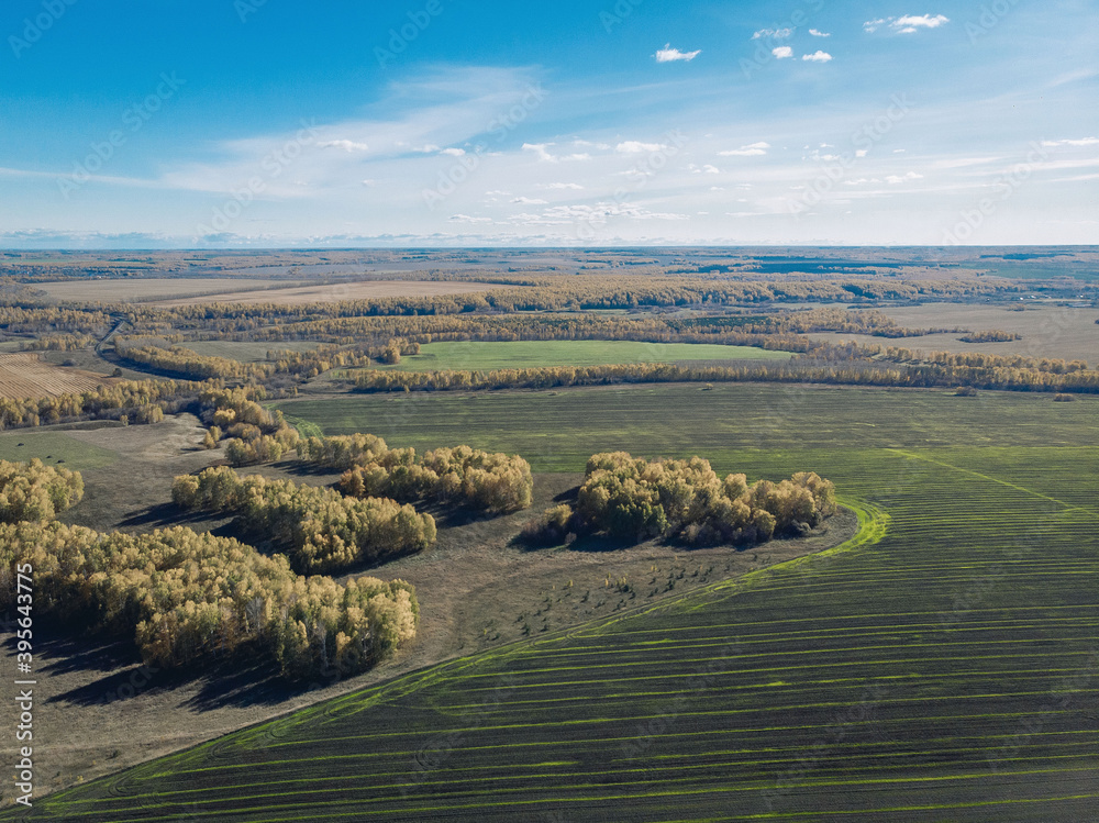 Aerial view of wide magnificent endless fields cultivated land plowed for sowing with small forests with trees in the background extending beyond the horizon