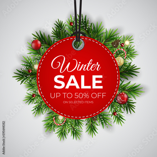 Winter sale Red tag vector banner for seasonal retail promotion. Vector illustration