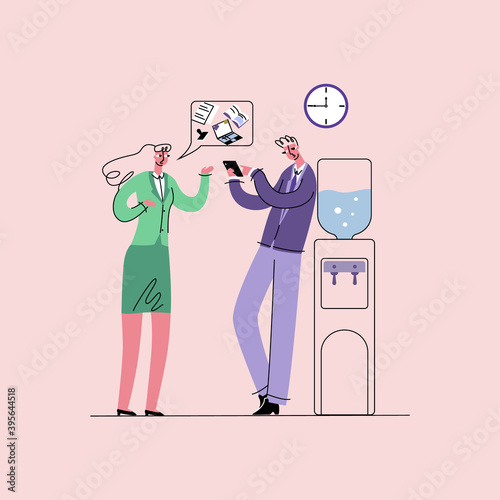 Vector flat illustration with plot concept of procrastination, laziness, dependence on gadgets. Worker is shown reminding his vacationing colleague work responsibilities and to do list.