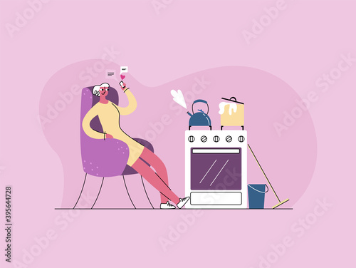 Vector flat illustration concept of procrastination, laziness, dependence on gadgets. The image shows woman who took time off from housework in order to chat on social network. photo