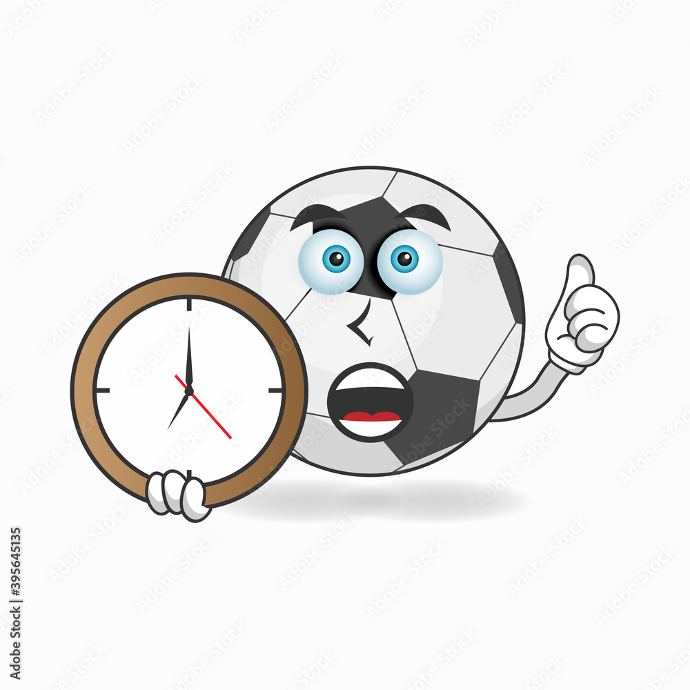 Fototapeta premium Soccer Ball mascot character holding a wall clock. vector illustration