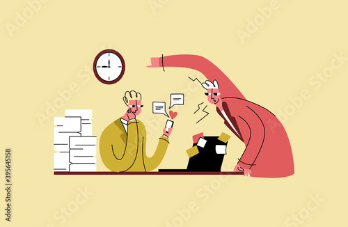 Vector illustration procrastination, laziness, dependence on gadgets. This image shows worker who took break from work to chat on social network. Boss shouts at him, reminding him completion business.