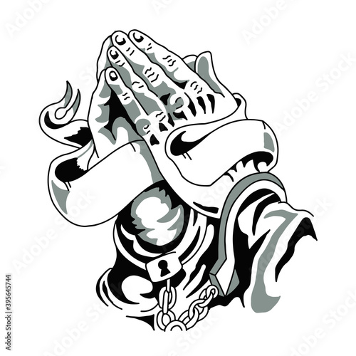 Praying hands with handcuffs  and banner- White/black/grey (EPS)