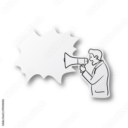Vector illustration black line hand drawn of businessman holding loudspeaker and shouting on speech bubble shape cut paper with shadow isolated on white background