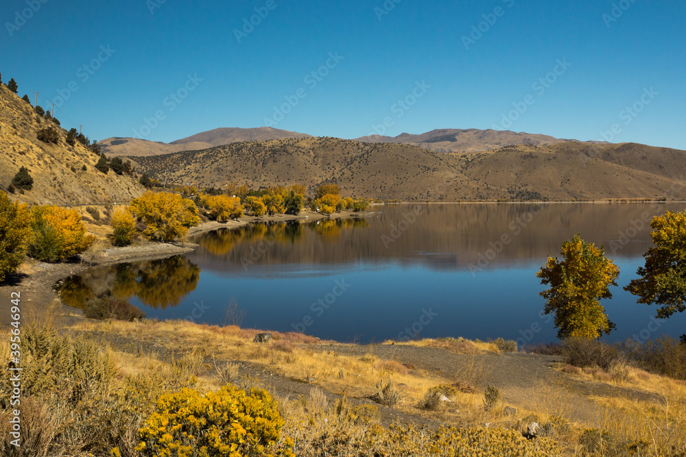 Beautiful lake and mountains landscape in autumn season. Location place is Topaz Lake, Nevada and California border