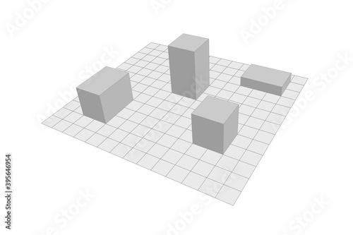 3d geometric shapes on a grid. perspective view illustration