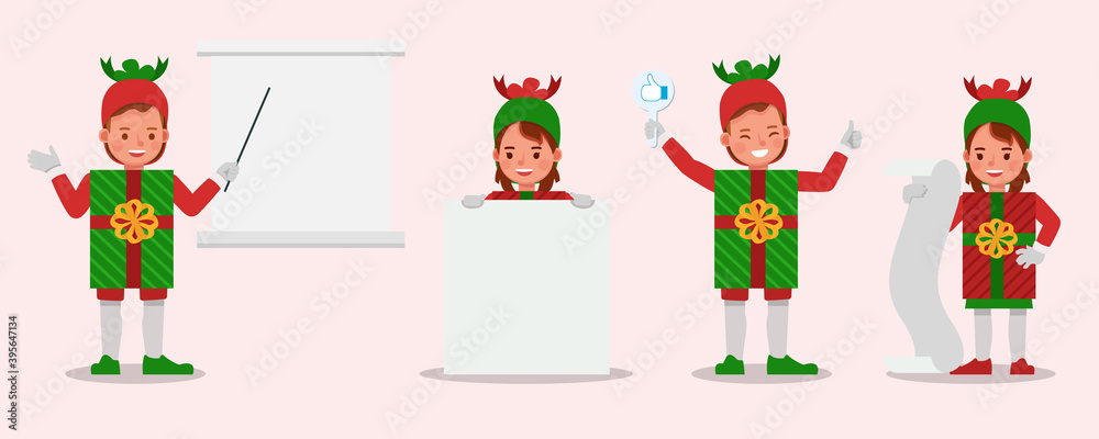Fototapeta premium Set of kids boy and girl wearing christmas gift box costumes character vector design. Presentation in various action with emotions. no14