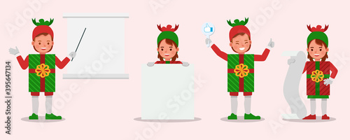 Set of kids boy and girl wearing christmas gift box costumes character vector design. Presentation in various action with emotions. no14