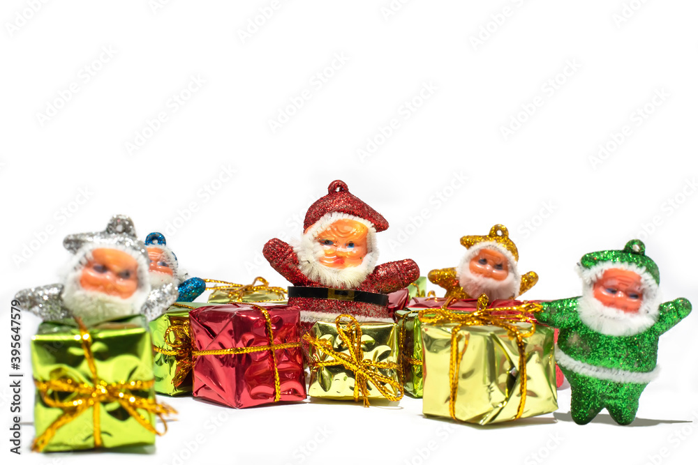 Merry Christmas Santa Claus with gifts boxes isolated on white background