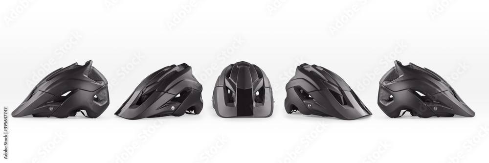 Black bicycle helmets set isolated with clipping path