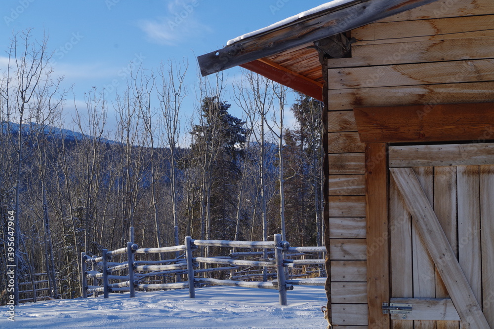 wooden house in winter