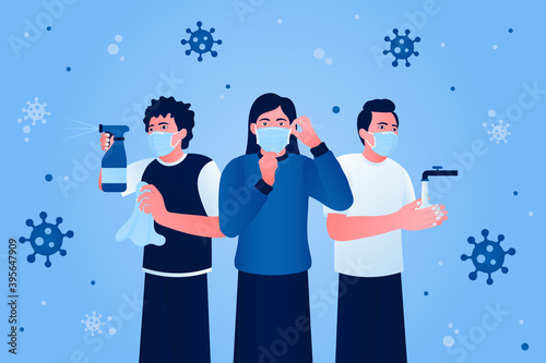New normal life. Concept of people fighting corona virus. Group of people wash their hands wear protective masks and disinfect.