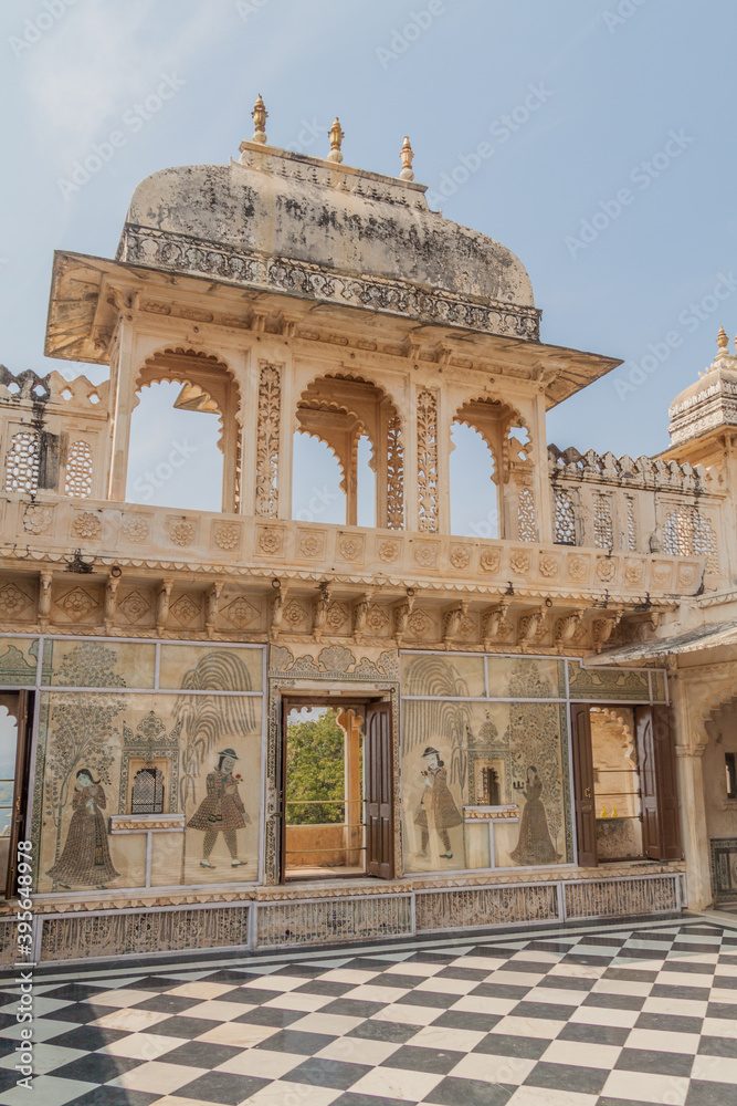 UDAIPUR, INDIA - FEBRUARY 12, 2017: Courtyard of the City palace in Udaipur, Rajasthan state, India