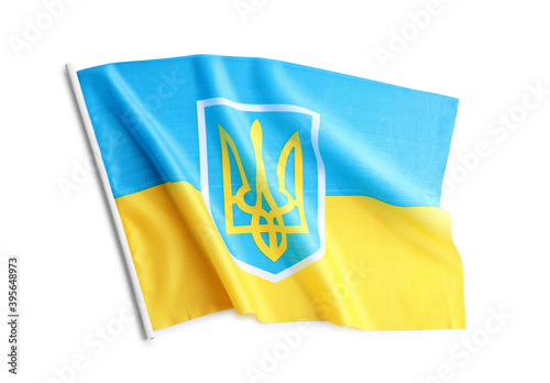 National flag of Ukraine isolated on white, top view photo