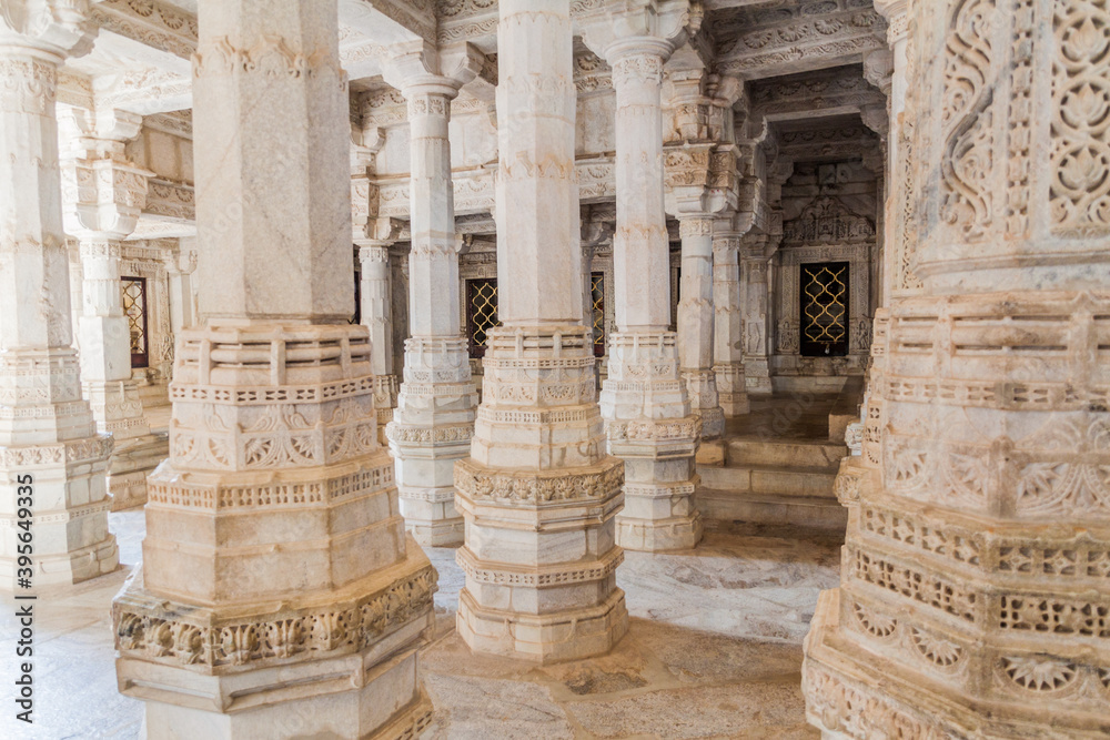 RANAKPUR, INDIA - FEBRUARY 13, 2017: Carved marble columns of Jain temple at Ranakpur, Rajasthan state, India