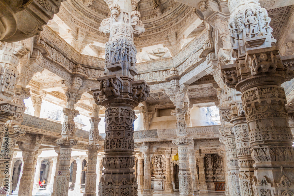 RANAKPUR, INDIA - FEBRUARY 13, 2017: Carved marble interior of Jain temple at Ranakpur, Rajasthan state, India