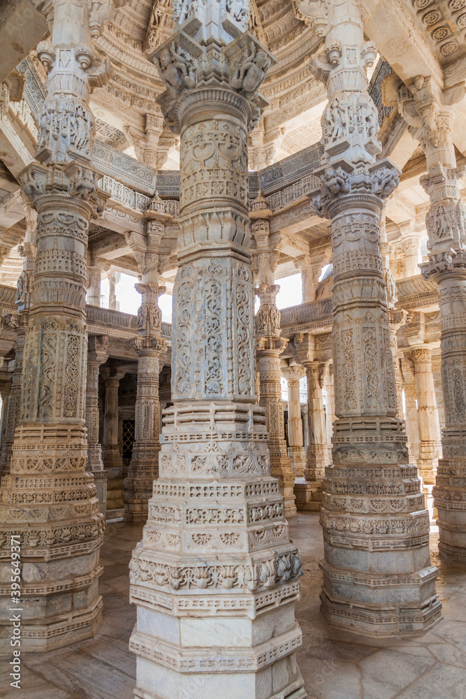 RANAKPUR, INDIA - FEBRUARY 13, 2017: Decorated marble interior of Jain temple at Ranakpur, Rajasthan state, India