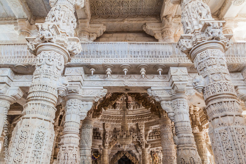 RANAKPUR, INDIA - FEBRUARY 13, 2017: Carved marble decorations of Jain temple at Ranakpur, Rajasthan state, India