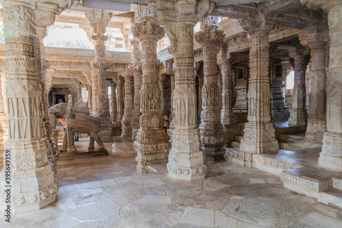 RANAKPUR, INDIA - FEBRUARY 13, 2017: Decorated marble interior of Jain temple at Ranakpur, Rajasthan state, India