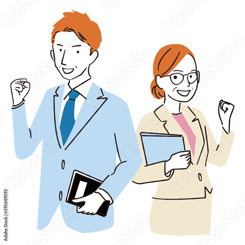 手書き線画カラーイラスト　中途社員　男女