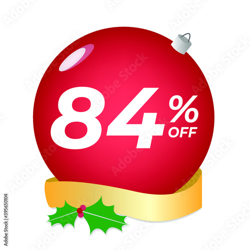 84% off. Eighty-four percent discount. Christmas sale banner. Red bubble with ornaments on a white background vector.