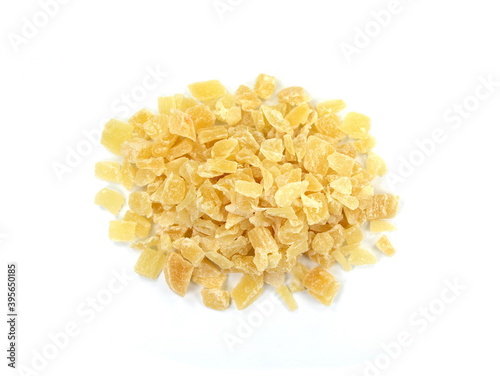Dried dehydrated pineapple. Candied pineapple isolated on white.