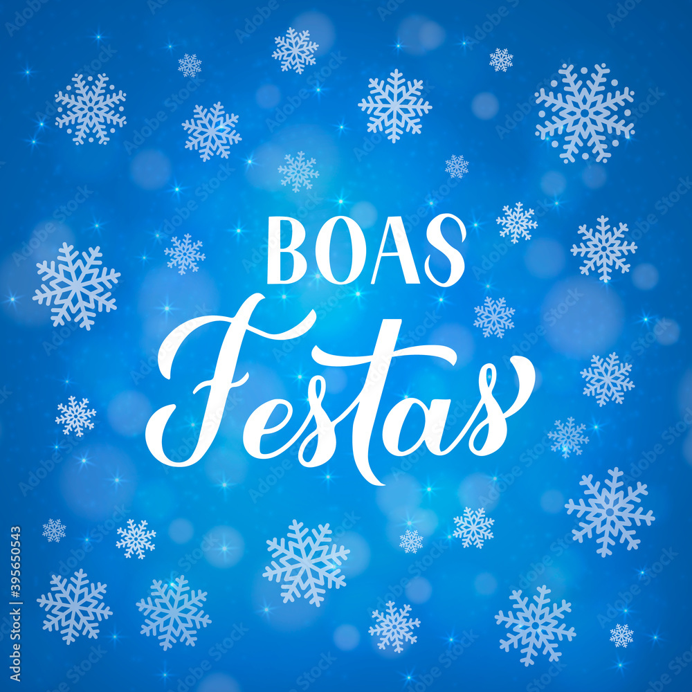 Boas Festas calligraphy isolated on blue background with bokeh and snowflakes. Happy Holidays lettering in Portuguese. Christmas typography poster. Vector template for greeting card, banner, flyer
