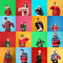 Collage with photos of adults and children in different Christmas sweaters on color backgrounds