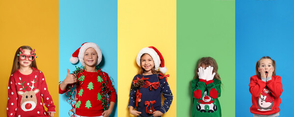 Collage with photos of adorable children in different Christmas sweaters on color backgrounds. Banner design