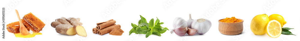 Set of fresh products serve as natural antibiotics isolated on white. Banner design Set of fresh products serve as natural antibiotics isolated on white. Banner design