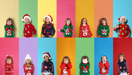 Collage with photos of adorable children in different Christmas sweaters on color backgrounds