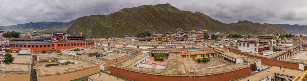 Panorama of Xiahe town with Labrang Monastery, Gansu province, China