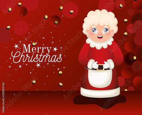 Mrs santa claus icon with merry christmas lettering on red background