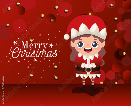 female elf icon with merry christmas lettering on red background