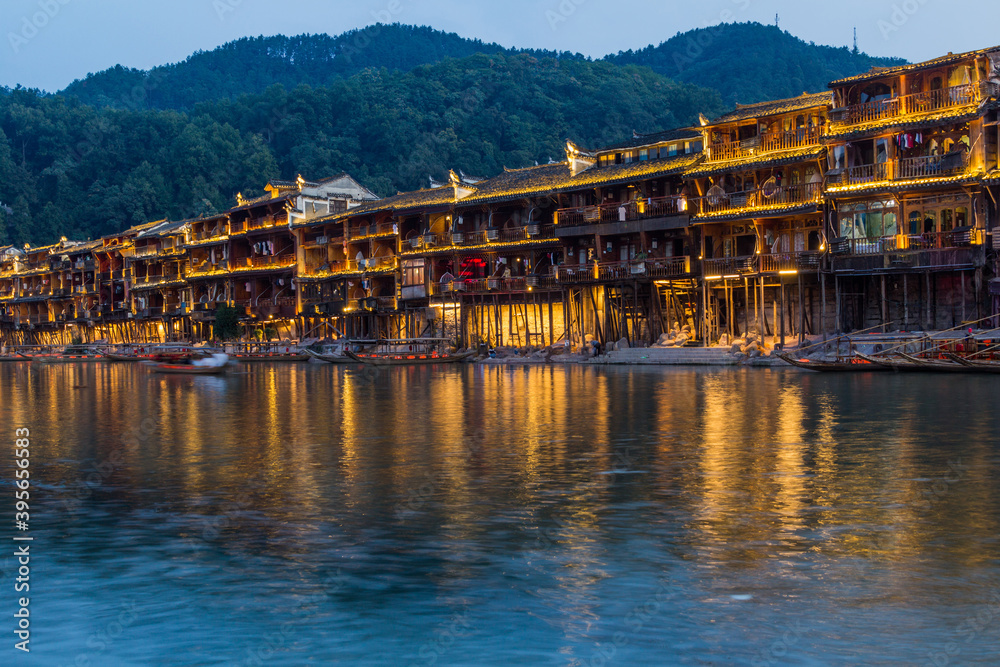 Riverside houses in Fenghuang Ancient Town, Hunan province, China