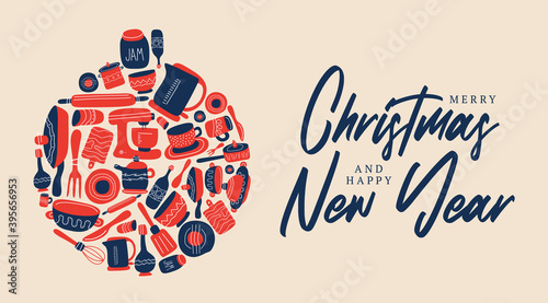 Merry christmas culinary theme. The kitchen utensils are laid out in the shape of a Christmas ball. Vector illustration of a holiday card in doodle style