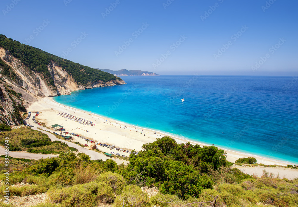 Beautiful summer landscape of Mirtos beach on Cephalonia isle in Greece