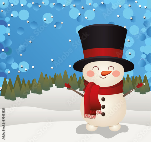christmas snowman with top hat icon in a forest background