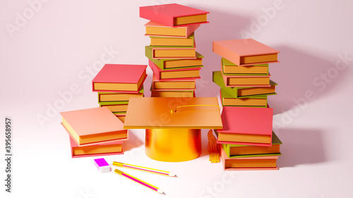 3D Rendering of golden graduation cap, colorful books and pencil isolated on pastel light pink background. Education concept.
