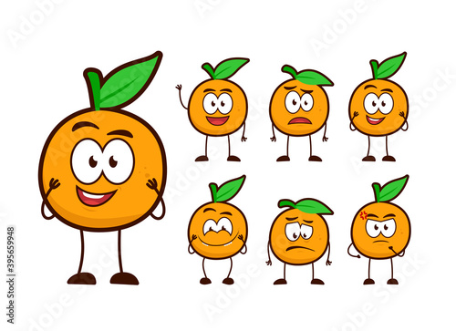 cute orange fruit character cartoon mascot pose set humanized funny expression set
