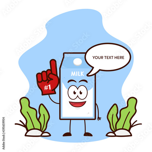 Cute cardboard carton milk cartoon character mascot raising number 1 glove fan supporter