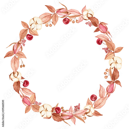 Cute vintage wreath of rosebuds, leaves, cherries, pepper, cotton and linden. Watercolor illustration on a white isolated background. Nice design for invitations, social media posts, greeting cards.
