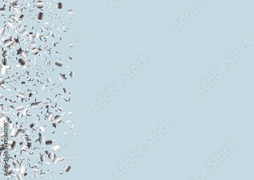Silver Confetti Shiny Vector Blue Background. 