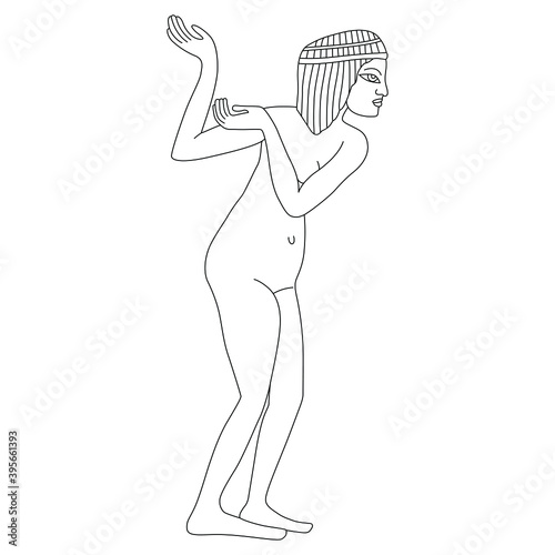 Naked ancient Egyptian girl standing or dancing. Pointing gesture. Black and white linear silhouette.